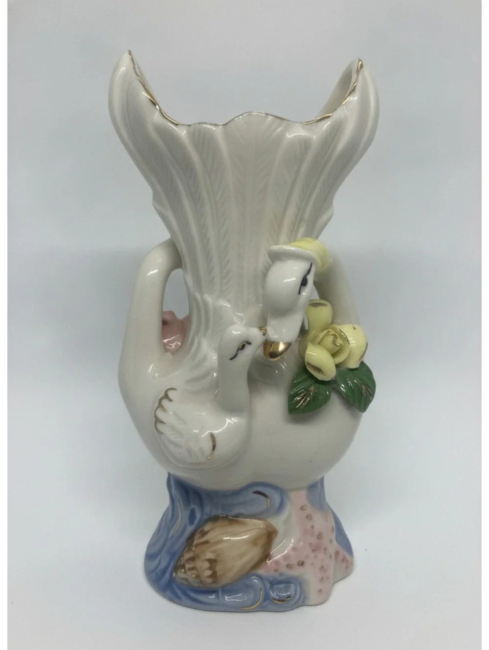 Vintage Ceramic Swan Bud Vase Gold Trim and Floral Accents, 5 Inch Cottage Decor